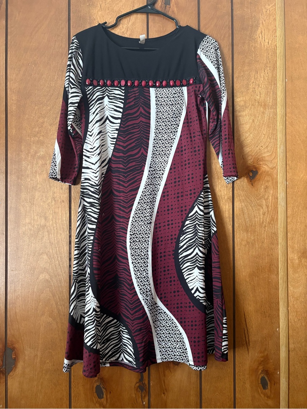 PerSeption Concept Maroon, Black & White Mixed-Print Long Sleeve A-Line Dress